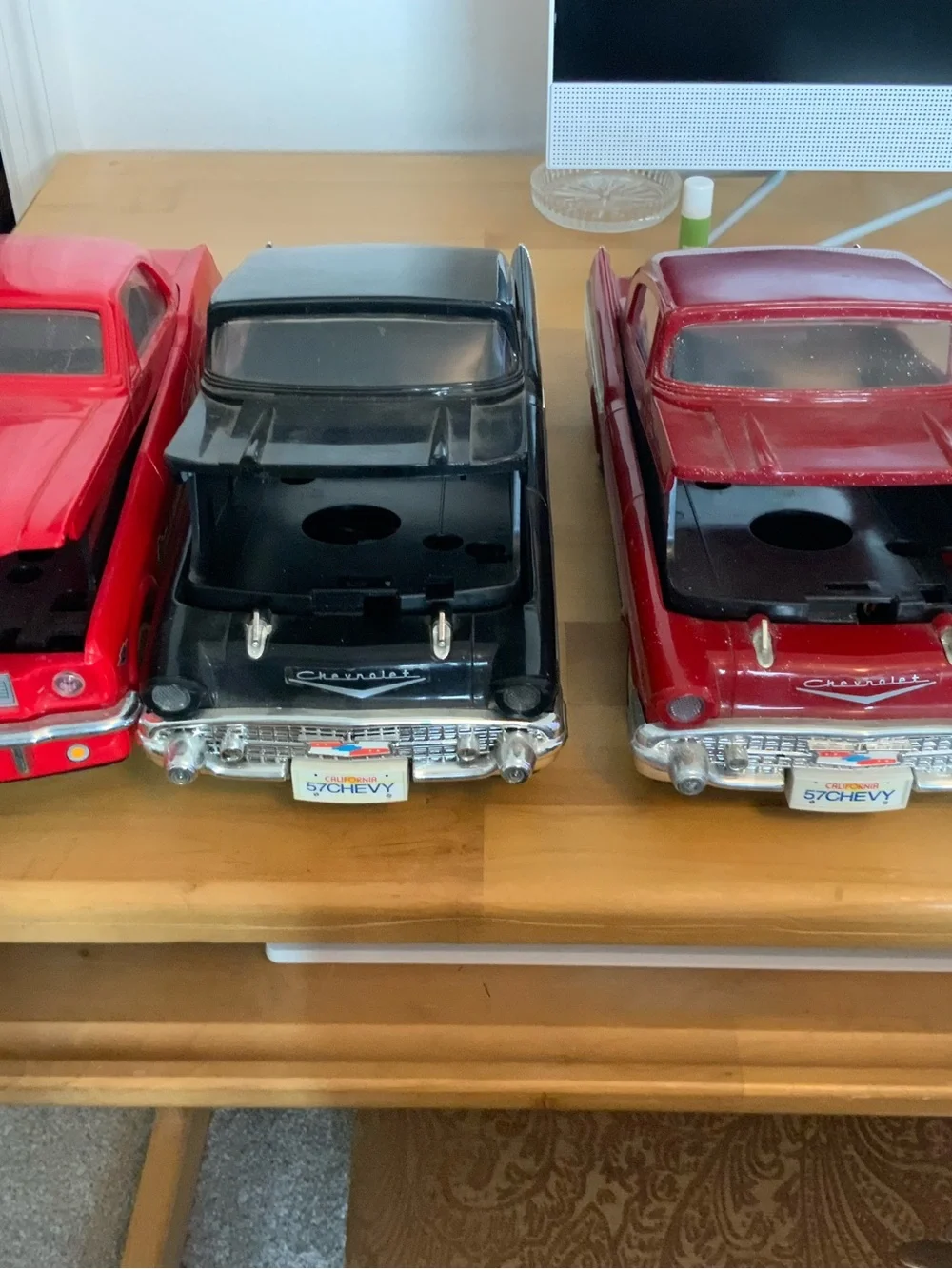 3 Vintage car vhs tape rewinders 1964 mustang, 2 1957 Chevy red & black